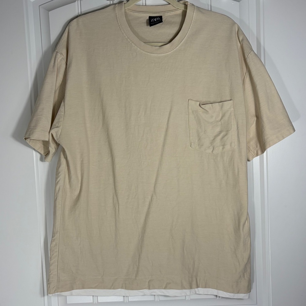 Zara Women's Medium Beige Oversized Pocket Short Sleeve T-Shirt Minimalist